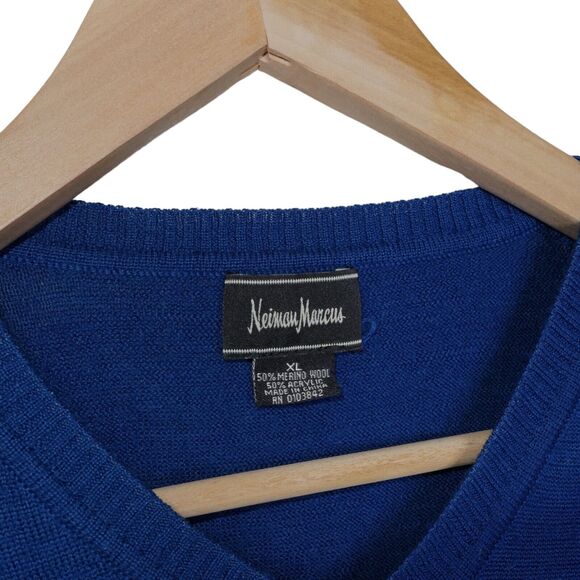 Neiman Marcus Men's Sz XL Lapis Blue Merino Wool Blend Sweater Preppy - Picture 5 of 9